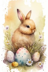 watercolor easter cute bunny eggs nature background - generative ai