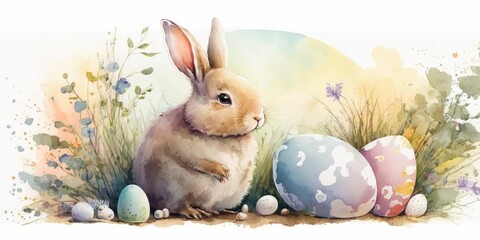 watercolor easter cute bunny eggs nature background - generative ai