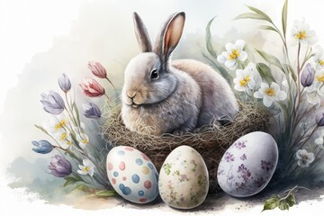 watercolor easter cute bunny eggs nature background - generative ai