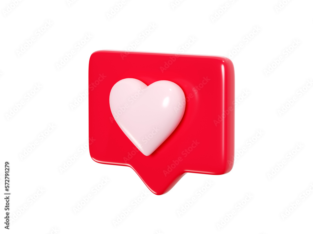 Poster speech bubble with heart 3d render icon - red love message or social media like notifications. roman