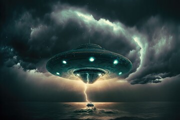 A UFO flying over a boat on a calm sea as a storm approaches.
