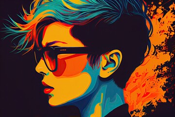 Stylish young woman with the short, trendy haircut. Abstract colors. Generative AI.