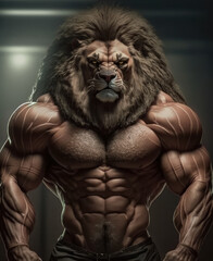 Fototapeta na wymiar Portrait of a strong male lion in a gym. Bodybuilding concept. Generative AI