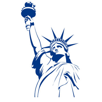 Blue liberty engraving. Statue silhouette logo.