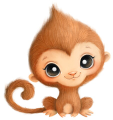 Illustration of a cute cartoon baby monkey. Cute little animals. Tropical animals. Transparent background, png