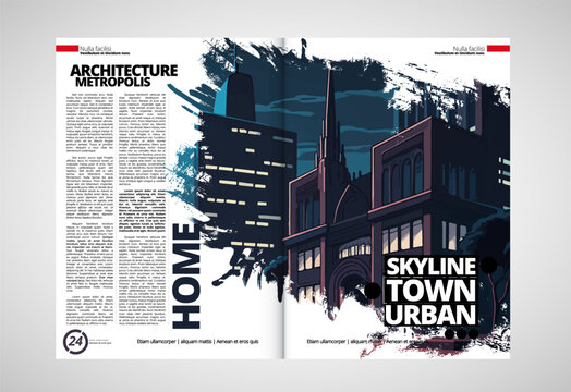 Business magazine, brochure layout with urban landscape. Vector illustration