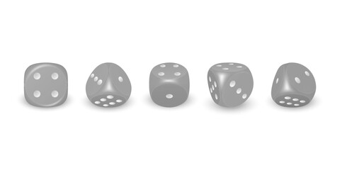 Vector 3d Realistic Gray Game Dice with White Dots Icon Set Closeup Isolated on White Background. Game Cubes for Gambling in Different Positions, Casino Dices, Round Edges