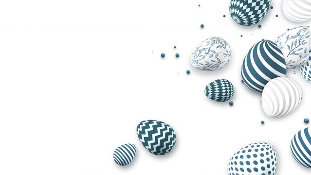 Group of Easter 3D eggs painted with blue patterns. White background with space for text. Looped holiday spring animation.