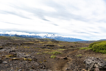 View of amazing landscape in Iceland with glacier in the back. Hiking Laugavegur trail
