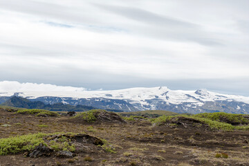 View of amazing landscape in Iceland with glacier in the back. Hiking Laugavegur trail