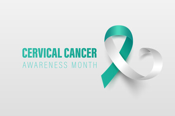 Cervical Cancer Banner, Card, Placard with Vector 3d Realistic Teal and White Ribbon on White Background. Cervical Cancer Awareness Month Symbol Closeup. World Cervical Cancer Day Concept