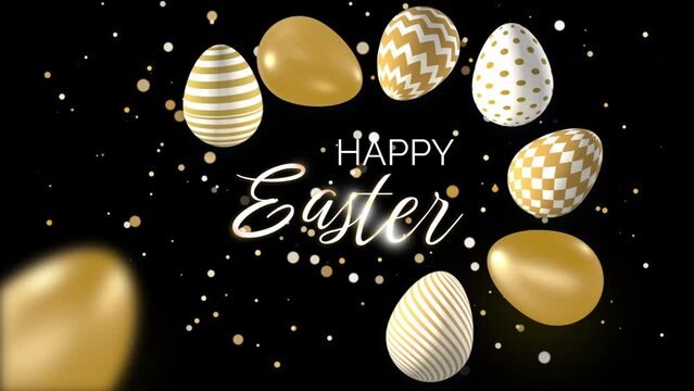 Golden easter eggs with ornament on black background with shiny confetti. Happy Easter lettering. 3D animated festive spring looping screensaver.