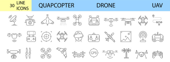 Obraz na płótnie Canvas Drone, Quadrocopter line icons set. Fast delivery, remote control, propeller, city map navigation, action camera, radar screen, radio antenna