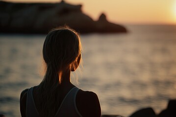 Back view of young woman meditating and practicing yoga in beautiful quiet ocean landscape during sunset. AI generative