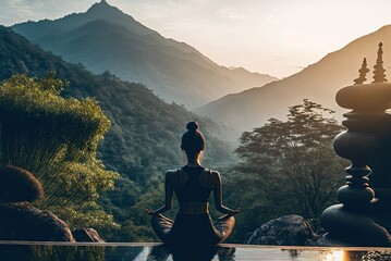 Naklejka na ściany i meble Back view of young woman meditating and practicing yoga in beautiful quiet nature landscape during sunrise. AI generative