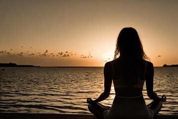 Fototapeta premium Back view of young woman meditating and practicing yoga in beautiful quiet ocean landscape during sunset. AI generative