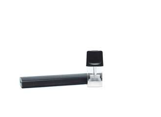 Black e-cigarette for vaping. The concept of consuming nicotine, smoking cigarettes and an...