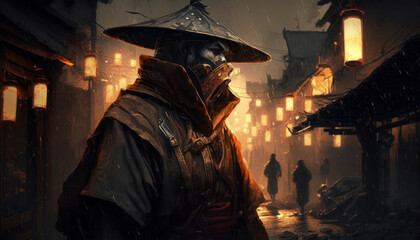 Fototapeta premium futuristic samurai, in an old Japanese city - fantasy