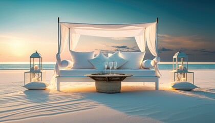 luxury beach tent and bed at sunset for lovers