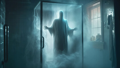 Fantasma dentro do banheiro, fumaça, mistério - AI Generated