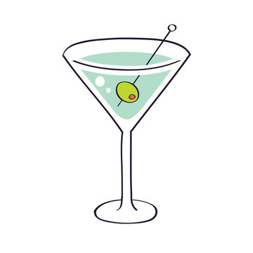 Martini glass with olive, vermouth wine cocktail isolated vector illustration.