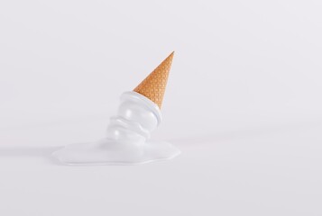 Melted ice in a waffle on the ground and light background. The concept of eating ice cream, cooling down. 3D render; 3D illustration.