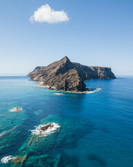 Ilhéu de baixo ou da cal na Ilha do Porto Santo. Arquipélago da madeira. Drone front view.