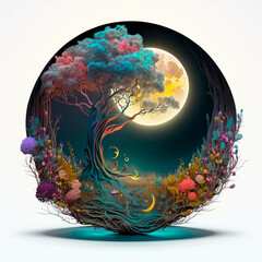 Illustration fantasy fairy tale tree landscape with moon in the evening AI generated content