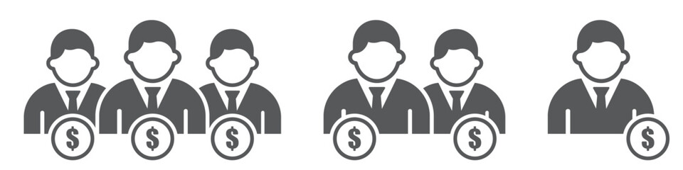 Set of investors icons. Financial Investor, businessman investor, business group. Man with dollar money, investor symbol, partners.