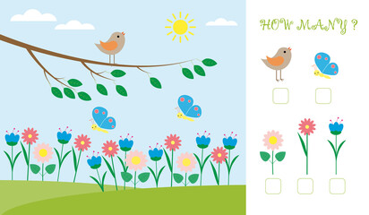Educational math game for kids. Count how many objects are in the picture. Spring forest, bird, butterflies and flowers.