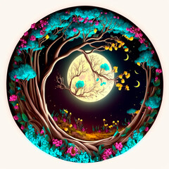 Illustration fantasy fairy tale tree landscape with moon in the evening AI generated content