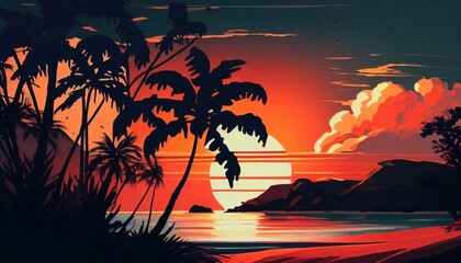 Red 8bit Retro Sunset Poster - Generative Ai Illustration