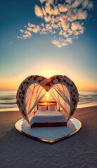 luxury beach tent and bed at sunset for lovers