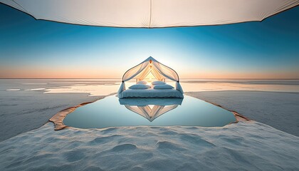 luxury beach tent and bed at sunset for lovers