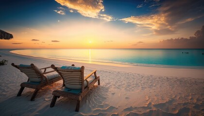 sunset on the beach with beach lounger