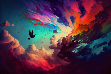 the world in the sky, birds,colorful, created using ai