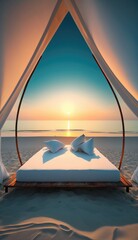 sunset on the beach with bed