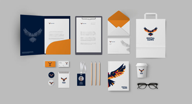 Corporate branding in blue and orange colors with minimal eagle logo for traveling company or digital studio, stationery set ready for use and printing