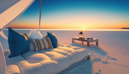 sunset on the beach with beach bed