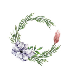 Winter botanical illustration anemones leaves pampas border frame floral design