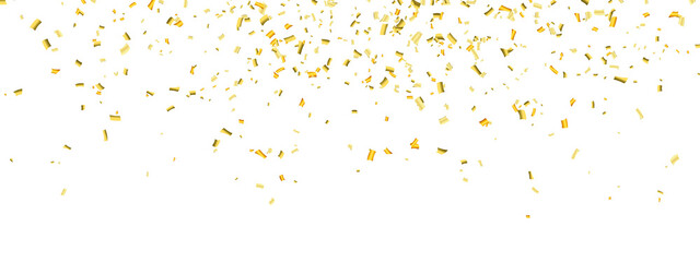 Falling shiny golden confetti isolated on transparent background. Bright festive tinsel of gold color. PNG - obrazy, fototapety, plakaty