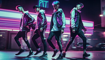 Fototapeta premium Four young k-pop dancers with neon lights dancing at the street on the night. AI generative illustration