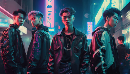 Fototapeta na wymiar Four young k-pop dancers with neon lights at the street on the night. AI generative illustration