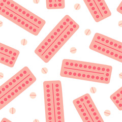Seamless pattern hormonal oral contraceptives on a white background. Menstrual period, female gynecological health.