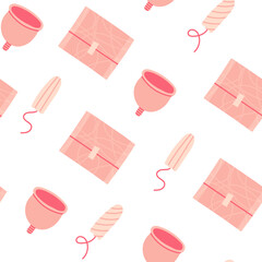 Fototapeta na wymiar Seamless pattern of feminine hygiene products on a white background. Elements of the menstrual period - menstrual cup, tampons, pads.