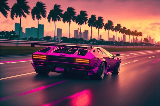 Vaporwave style supercar driving down a Miami highway at sunset created with generative ai