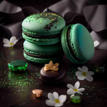 st. patrick, st. patrick's, st. patrick's day, macaron, macaroon, dessert, brown, green, gold, chocolate, shamrock, holiday