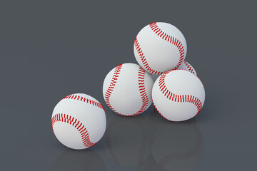 Heap of baseball balls with reflection. Sports accessories. 3d render