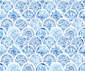 Seamless watercolor tile pattern. Blue and white wavy ornament. Grunge paper texture. Handmade.