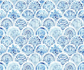 Keuken foto achterwand Portugese tegeltjes Seamless watercolor tile pattern. Blue and white wavy ornament. Grunge paper texture. Handmade.